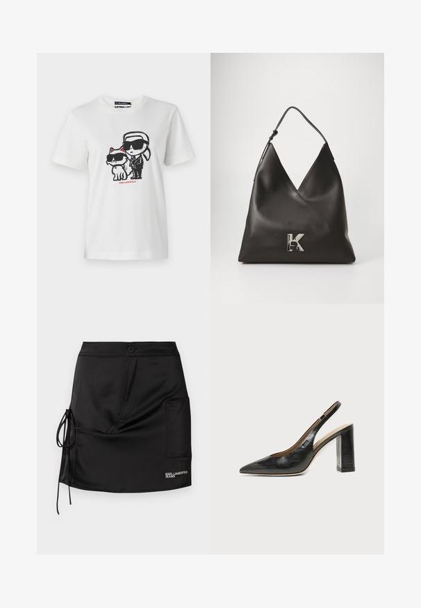 Hvid bomulds t-shirt med et grafisk motiv af en karakter og en kat, som begge bærer solbriller. Designet inkluderer sorte konturer og røde accenter.; Sort satin mininederdel med knaplukning, bånddetalje i siden og et opslagslomme med "KARL LAGERFELD JEANS" branding.; Sort læder peep-toe slingback sko med høj blokhæl og beige indvendig foring mod en ensfarvet lys baggrund.; Sort læder skuldertaske med trekantet form, der har et sølvfarvet "K" logo som accent og en enkelt rem til bæring. Glat tekstur.