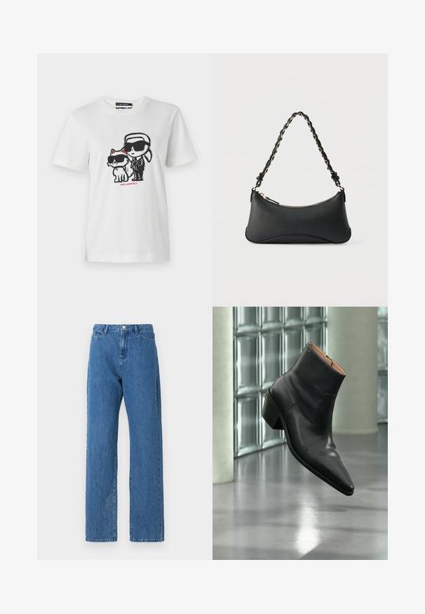 Hvid bomulds t-shirt med et grafisk motiv af en karakter og en kat, som begge bærer solbriller. Designet inkluderer sorte konturer og røde accenter.; Lyseblå denimjeans med høj talje, brede ben og et klassisk fem-lomme design. Stoffet har en subtil tekstur.; Sort læderankelstøvle med spids tå og blokhæl, der svæver over en reflekterende grå gulv nær en væg af glasblokke.; Sort skuldertaske i læder med en buet rektangulær form, gyldent kæde vævet ind i en flettet sort rem og toplynlås.