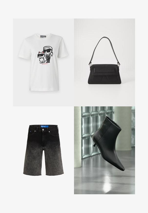 Weißes Baumwoll-T-Shirt mit einem Grafikdesign eines Charakters und einer Katze, die beide Sonnenbrillen tragen. Das Design enthält schwarze Umrisse und rote Akzente.; Schwarze Denim-Shorts mit einem Farbverlauf von dunkel zu hell. Mit einem ausgefransten Saum, zwei vorderen Taschen und einem blauen Markenlabel am Bund.; Schwarzer Leder-Stiefelette mit spitzer Zehenpartie und niedrigem Kitten-Heel, schräg dargestellt vor einem polierten Boden und einer Glasbausteinwand.; Schwarze Handtasche mit strukturiertem Oberflächenmaterial, einer umklappbaren Klappe mit geprägt Logo und einem schmalen Schulterriemen. Rechteckige Form mit kantigen Akzenten.