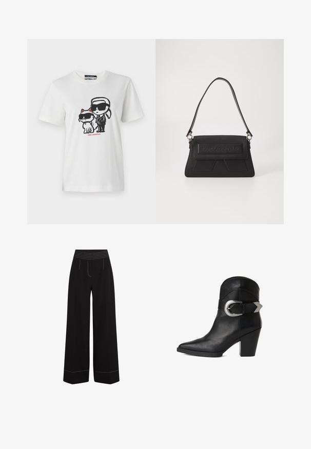 Weißes Baumwoll-T-Shirt mit einem Grafikdesign eines Charakters und einer Katze, die beide Sonnenbrillen tragen. Das Design enthält schwarze Umrisse und rote Akzente.; Schwarze, weit geschnittene Hosen mit einem strukturierten, elastischen Bund. Verfügt über weiße Nähte entlang der Taschen und Säume. Glatte Stoffoberfläche.; Schwarze Leder-Stiefelette mit spitzer Zehe, klobigem Absatz und einem breiten Riemen mit einer kreisförmigen silbernen Schnalle an der Seite. Glatte Textur.; Schwarze Handtasche mit strukturiertem Oberflächenmaterial, einer umklappbaren Klappe mit geprägt Logo und einem schmalen Schulterriemen. Rechteckige Form mit kantigen Akzenten.