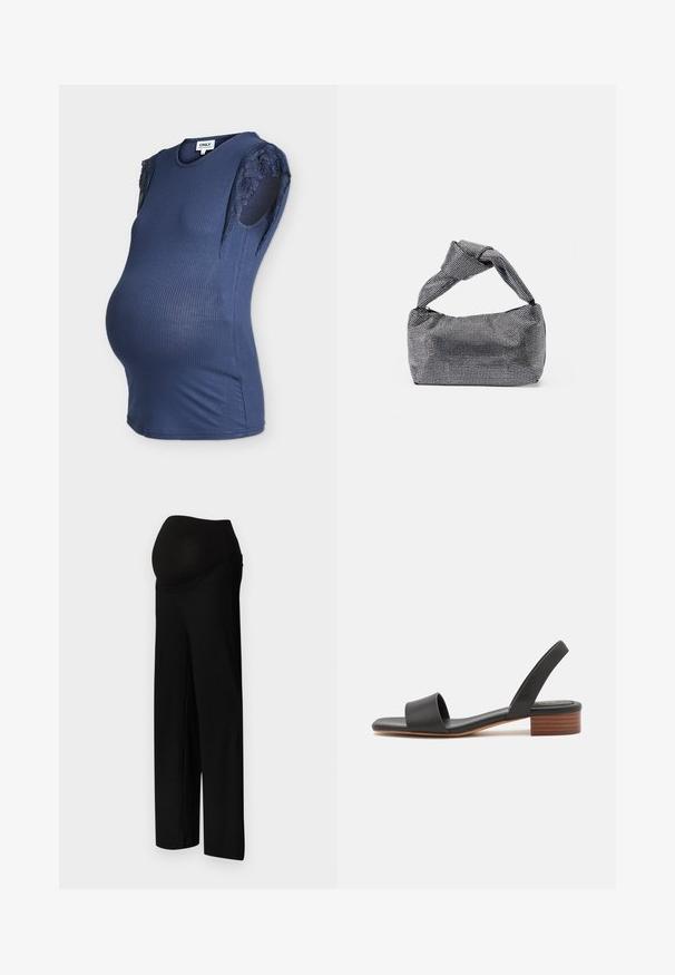 Top de maternité côtelé bleu marine avec manches courtes en dentelle et col rond, présenté sur un mannequin.; Pantalons de maternité noirs à côtes avec une large ceinture élastique et une coupe large et décontractée. Le tissu est lisse avec une texture subtile.; Sandale noire avec une large sangle avant et une fine sangle de cheville réglable. Dotée d'un petit talon carré et d'une finition en cuir lisse.; Sac à main noir et argent avec une surface texturée affichant un motif en diamant, une anse nouée et une forme structurée.