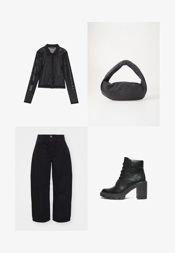 Schwarzes Langarmhemd aus transparenter Stoff, mit spitzem Kragen, vorderem Knopfverschluss und strukturiertem Muster überall.; Free People GOOD LUCK MID RISE BARREL - Jeans Relaxed Fit - soundwave; Schwarze Leder-Stiefelette mit einem klobigen Absatz, Schnürdesign und strukturiertem Gummisohl; besitzt ein kleines geprägtes Logo an der Seite.; Dunkelgraue Stofftasche mit einem gebogenen Griff, weicher Textur und runder Form. Keine sichtbaren Beschläge oder Verzierungen.