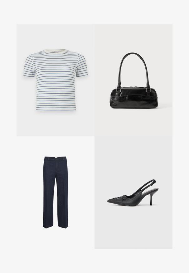 Weißes kurzärmeliges, geripptes T-Shirt mit dünnen horizontalen blauen Streifen und einem runden Halsausschnitt.; Dunkelblaue, weite Jeans mit klassischem Taillenbund und Vordertaschen, entworfen für einen bequemen Sitz und vielseitigen Stil.; Schwarzer Leder-Slingback-Stiletto mit spitzem Zehenaufsatz, seitlichem Schnallenriemen, Nieten entlang der Kante und dekorativer Schnürung vorne.; Schwarze Lederhandtasche in rechteckiger Form, mit einem stabilen Griff, silbernem Zubehör und Reißverschluss. Glatte Textur.