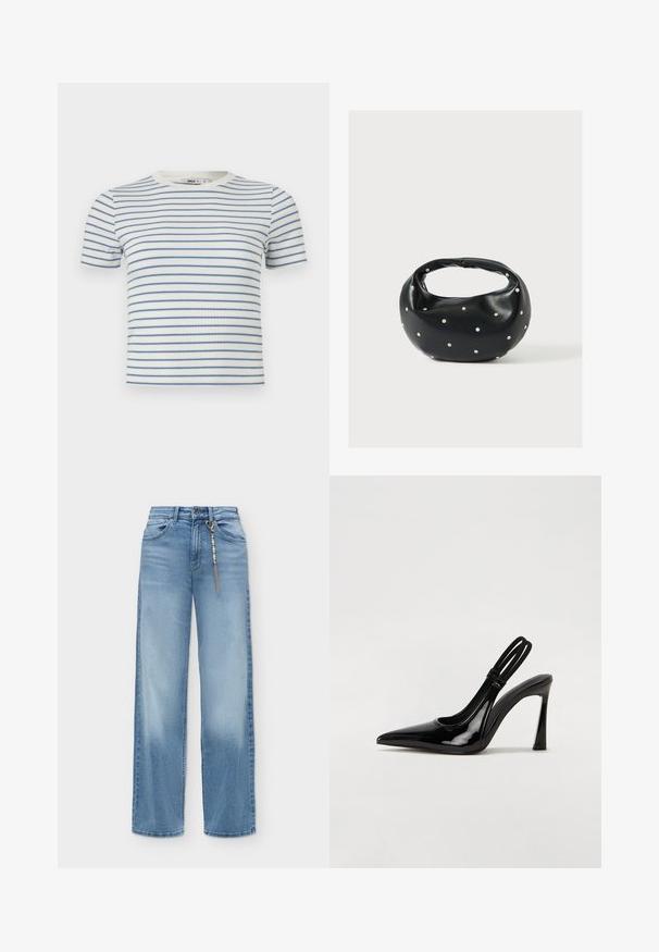 T-shirt blanc à manches courtes en maille côtelée avec fines rayures horizontales bleues et un col rond.; Jean bleu clair à jambes larges avec bouton et fermeture éclair à l'avant, poches avant, et chaîne décorative à perles suspendue à une boucle de ceinture.; Escarpin en cuir verni noir à talon aiguille, à bout pointu, avec une sangle élastique double pour un maintien sécurisé. Surface lisse et brillante.; Sac à main en cuir noir de forme arrondie, décoré de clous argentés et équipé d'une poignée courte. Texture lisse et fermeture éclair.
