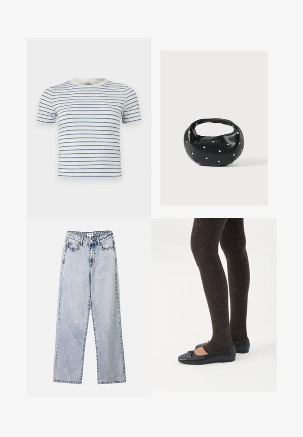 Hvid kortærmet ribstrikket T-shirt med tynde, vandrette blå striber og rund halsudskæring.; Lysblå lige ben jeans lavet af denim, med to frontlommer, en knaplukning og kontraststing langs sømmene.; Ben iført mørke ribbede leggings kombineret med sorte balletsko med små sløjfedetaljer på hvid baggrund.; Sort læderhåndtaske med en rundet form, dekoreret med sølvnitter, og et kort håndtag. Glat tekstur og lynlåslukning.