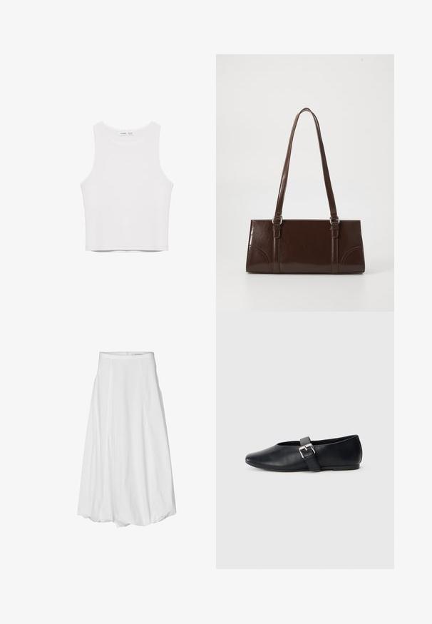 Biely bezrukávový crop top s vysokým okrúhlym výstrihom, vyrobený z hladkej látky, položený na bielom pozadí.; Biely sukňa po kolená z hladkého bavlneného materiálu, s plisovaním, priliehavým pásom a zipsom na zadnej strane.; Čierne kožené ploché topánky s okrúhlym špičkou, vybavené bočným prackovým popruhom a hladkým povrchom. Nízky profil podrážky pre jednoduché nosenie.; Hnedá lakovaná kožená kabelka s obdĺžnikovým tvarom, dvoma dlhými rúčkami a jemne zakrivenými akcentami na prednej strane.