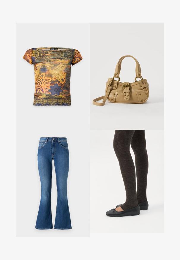 Top ajustado de manga corta con patrones abstractos en naranja, verde y púrpura, pájaros, flores y el texto "Love Birds" en la parte delantera.; Jeans de denim azul acampanados con una cintura de altura media, que cuentan con cinco bolsillos, un cierre de botón y un ligero desgastado a lo largo de las piernas.; Piernas con leggings oscuros acanalados combinados con bailarinas negras que presentan pequeños detalles de lazo sobre un fondo blanco.; Bolso de cuero beige con doble asa, hebilla y remaches de latón, y una correa de hombro ajustable sobre un fondo blanco.