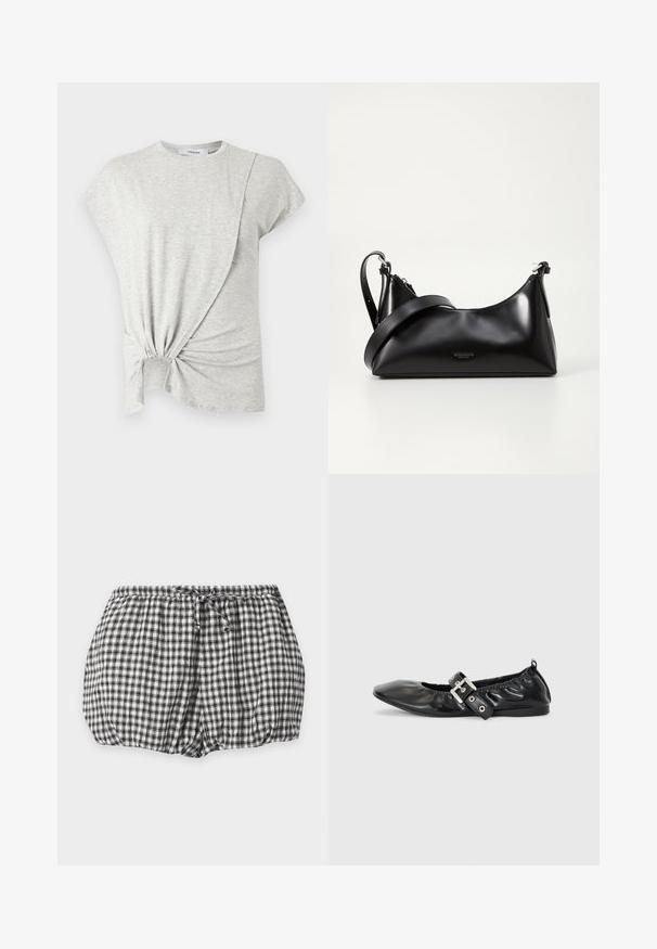 Haut gris clair à manches courtes avec col rond et détail de nœud torsadé à l'ourlet avant, en tissu tricoté doux.; Short noir et blanc à carreaux avec taille élastique et cordon frontal, présenté sur un fond blanc uni.; Chaussure plate en cuir noir avec un nez pointu, des détails froncés autour de l'ouverture et un accent en boucle argentée sur la bride ajustable.; Sac à main en cuir noir avec une texture lisse. Dispose d'une bandoulière adjustable et d'un design élégant et minimaliste avec une fermeture éclair.