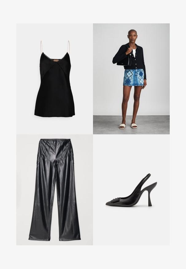 N°21 Top - nero; Zwarte neplederen broek met een gladde textuur, wijde pijpen en gestikte details langs de taille en zijkanten. Plat liggende presentatie.; Zwarte leren slingback schoen met een spitse neus, slanke hoge hak en een decoratieve strikaccent. Gladde textuur en elegant ontwerp.; Zwarte gebreide cardigan, witte top, denimrok met blauw en zwart ruitpatroon, zwarte handtas en beige instapsandalen.