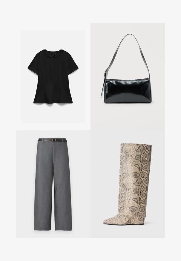 T-shirt noir à manches courtes et col rond avec un ourlet légèrement évasé, présenté à plat sur fond blanc.; Pantalon gris à jambes larges et taille haute, associé à une fine ceinture noire avec une petite boucle dorée.; Bottes hautes à bout pointu dans un motif en serpent beige et noir. Fabriquées en matériau synthétique texturé avec une finition lisse et élégante.; Sac d'épaule rectangulaire noir avec une sangle réglable unique et une fermeture éclair supérieure sur un fond uni.