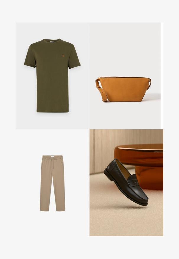 T-shirt en coton vert olive à manches courtes, col rond, avec un petit détail brodé orange "II" sur la poitrine. Texture lisse, design basique.; Pantalons stretch beiges avec une taille élastique et un cordon de serrage, dotés de deux poches latérales et d'un design à jambe droite. Texture lisse.; Chaussure mocassin en cuir noir suspendue au-dessus d’un tapis beige avec du mobilier moderne couleur ambre en arrière-plan.; Sac bandoulière en cuir marron clair avec sangle réglable et fermeture éclair, présenté sur un fond clair uni.