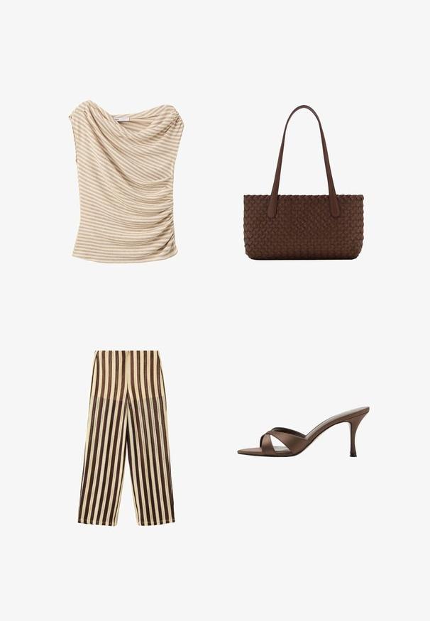 Haut sans manches rayé beige et blanc avec encolure drapée et détail froncé sur le côté.; Pantalon à jambes larges avec des rayures verticales dans différentes nuances de marron et beige, en tissu texturé.; Mule marron à bout ouvert avec brides croisées et talon haut fin, présentée sur fond blanc.; Sac à main en cuir marron avec un motif tissé, avec deux longues anses fines pour un port à l'épaule.