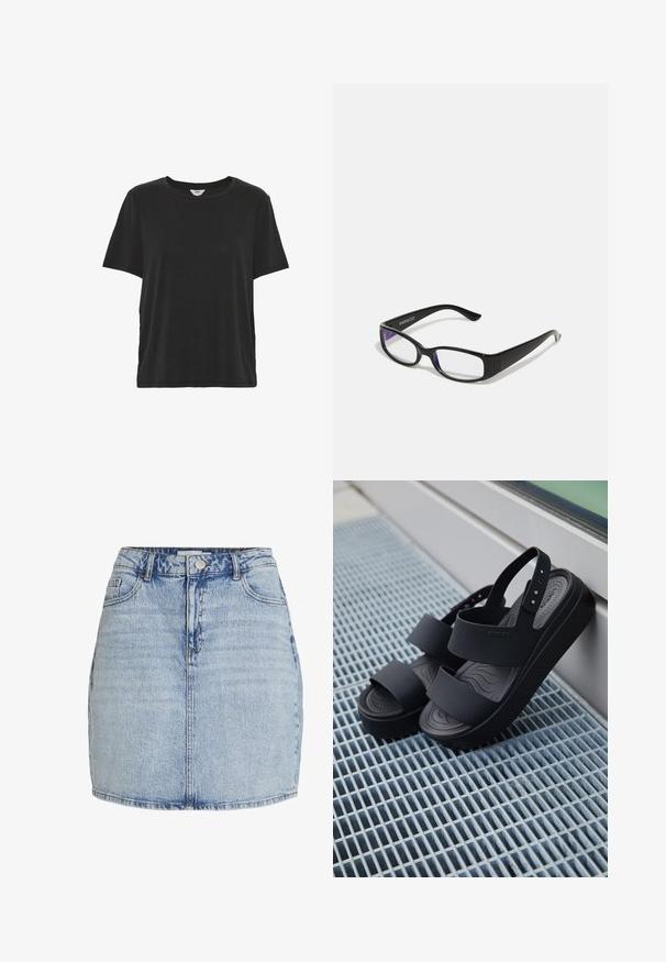 Camiseta negra lisa de manga corta y cuello redondo, con un corte holgado, hecha de tela suave.; Mini falda de mezclilla azul claro con cierre frontal de botones y cremallera, trabillas para cinturón y bolsillos delanteros.; Sandalias negras de plataforma con dos tiras anchas y una correa trasera, colocadas sobre una superficie metálica rejilla junto a una ventana de cristal.; Gafas rectangulares negras con lentes transparentes. Acabado brillante, varillas estrechas y tinte púrpura visible en los bordes de los lentes.