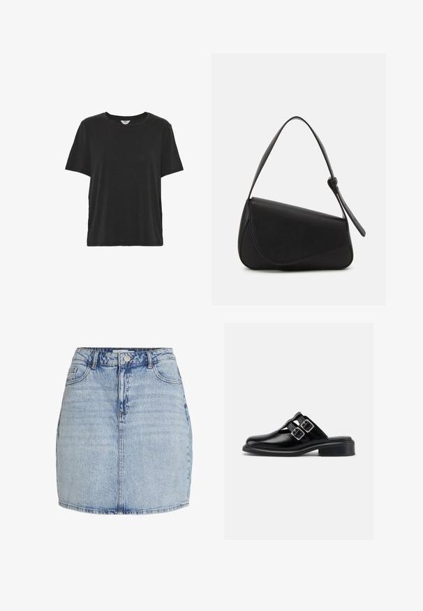 Camiseta negra lisa de manga corta y cuello redondo, con un corte holgado, hecha de tela suave.; Mini falda de mezclilla azul claro con cierre frontal de botones y cremallera, trabillas para cinturón y bolsillos delanteros.; Zapato negro de cuero sin cordones con dos hebillas plateadas, lados abiertos, puntera redonda y tacón bajo apilado, mostrado de perfil sobre fondo blanco.; Bolso de mano de cuero negro con forma triangular, tapa en ángulo y un asa superior redondeada. Presenta una textura suave y detalles de diseño minimalistas.