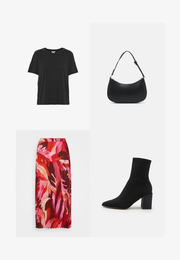Enkelt sort t-shirt med korte ærmer og rund hals med en afslappet pasform, lavet af blødt stof.; Plisseret maxinederdragt med et livligt blomstermotiv i nuancer af rød, pink og creme; lavet af letvægtsstof med elastisk talje.; Sort ankelstøvle lavet af strækstof, med spids tå og firkantet blokhæl, og med ribbet kant øverst.; Pieces PCALUANA SHOULDER BAG - Håndtasker - black