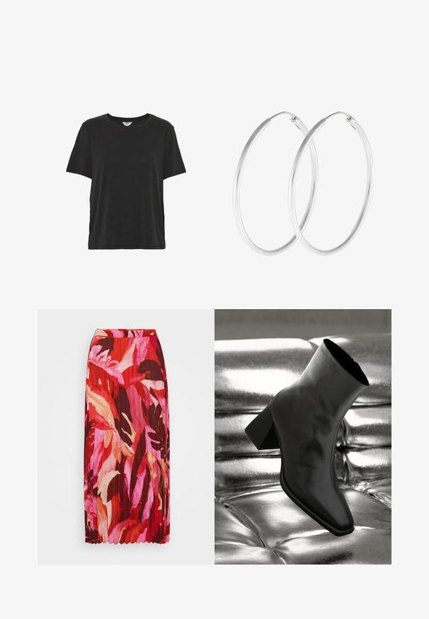 Enkelt sort t-shirt med korte ærmer og rund hals med en afslappet pasform, lavet af blødt stof.; Plisseret maxinederdragt med et livligt blomstermotiv i nuancer af rød, pink og creme; lavet af letvægtsstof med elastisk talje.; Sorte ankelstøvler lavet af glossy materiale med firkantet tå og spidse hæle, sat mod en skinnende sølv tuftet baggrund.; Sølvfarvede hoop øreringe med en glat, rund form og en poleret overflade. Begge øreringe er i samme størrelse og har en sikker lukke mekanisme.