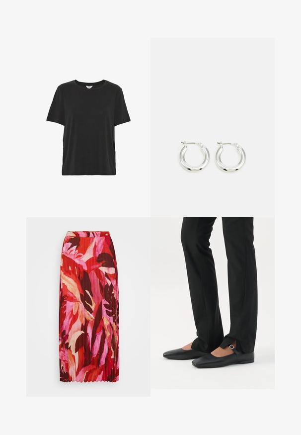 Enkelt sort t-shirt med korte ærmer og rund hals med en afslappet pasform, lavet af blødt stof.; Plisseret maxinederdragt med et livligt blomstermotiv i nuancer af rød, pink og creme; lavet af letvægtsstof med elastisk talje.; Ben iført sorte smalle bukser med forreste slidser ved kanten, parret med sorte flade Mary Jane-sko med lille spænde.; Sølv hoop-øreringe med en poleret finish, der har en cirkulær form og en hængslet lukning. Glat tekstur med minimal detaljering.