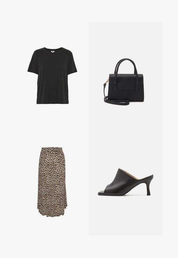 T-shirt noir uni à manches courtes et col rond, coupe décontractée, en tissu doux.; Jupe midi à motif léopard avec taille élastique, tissu fluide et ourlet légèrement évasé.; Selected ASHLEY - Mules à talons - black; Sac à main structuré noir en cuir avec une poignée supérieure, une bandoulière détachable et un détail à rabat à l'avant. Accents en matériel doré.