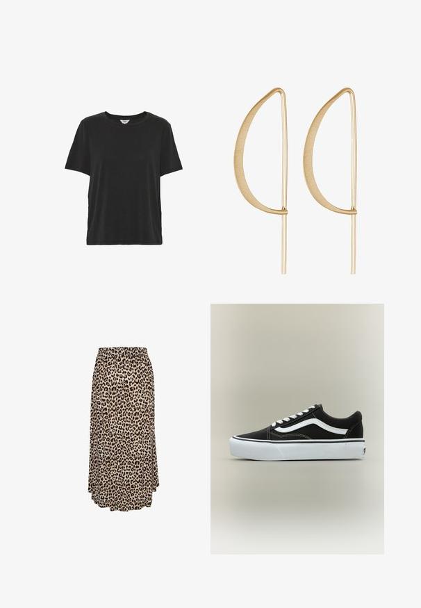 T-shirt noir uni à manches courtes et col rond, coupe décontractée, en tissu doux.; Jupe midi à motif léopard avec taille élastique, tissu fluide et ourlet légèrement évasé.; Baskets basses noires avec bande blanche latérale, lacets blancs, semelle en caoutchouc blanche et bout texturé sur fond neutre.; Boucles d'oreilles en métal doré avec une forme de feuille courbée et allongée. La surface est lisse et mate, présentant de fines accents horizontaux.