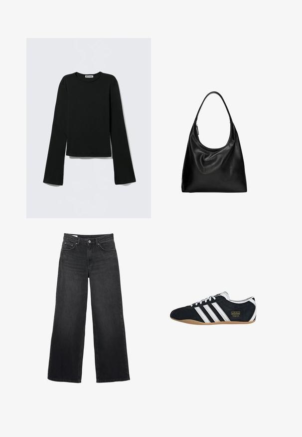 Haut noir à manches longues en tissu doux. Caractérisé par un col rond et des manches évasées avec un ourlet court. L'étiquette indique "WEEKDAY".; Jean noir à jambes larges avec taille haute, fermeture à boutons et fermeture éclair à l'avant, passants pour ceinture et conception à cinq poches.; Sneakers en suede noir avec trois bandes blanches, logo doré et semelle en caoutchouc marron. Présente un design à lacets à profil bas.; Sac hobo en cuir noir avec une forme courbée et douce, doté d'une seule bandoulière. Il présente une fermeture à glissière et une texture lisse et brillante.