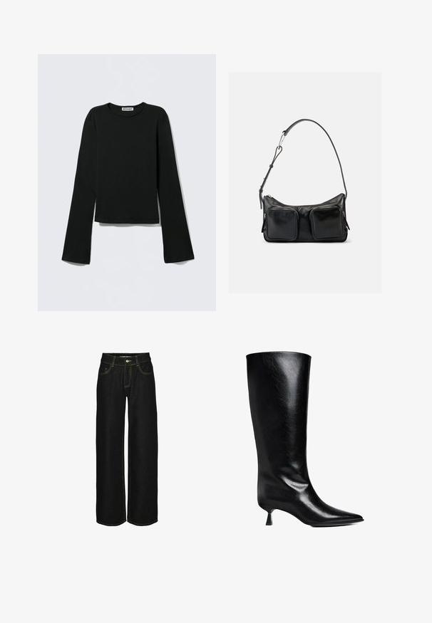Sort langærmet top lavet af blødt stof. Har rund halsudskæring og flared ærmer med cropped kant. Labelen siger "WEEKDAY."; Sorte wide-leg jeans lavet af denim med kontrasterende gul syning. Har en knaplukning og flere lommer.; Sort læderknæhøje støvler med spidse tæer, slank silhuet og en lav blokhæl med en blank finish.; Sort skuldertaske i læder med justerbar rem og to store forlommer med lynlås på en ensartet lys baggrund.