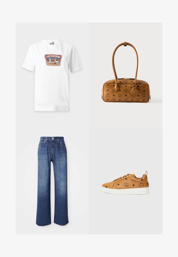 T-shirt blanc à manches courtes avec un graphique de deux lapins et des carottes, avec le texte "LOVE MOSCHINO" au-dessus.; Jean en denim bleu à jambes larges, avec une taille haute, cinq poches et une fermeture à bouton en métal. Le tissu a une texture lisse avec un léger dégradé.; Baskets en cuir marron avec des semelles en caoutchouc blanches contrastées, présentant des motifs en losange noirs et des logos MCM sur le côté. Comprend des lacets et une languette arrière.; Sac à main en cuir marron avec une forme structurée, doté d'une fermeture éclair, de motifs en losanges noirs et de deux anses. Comprend une petite étiquette amovible.