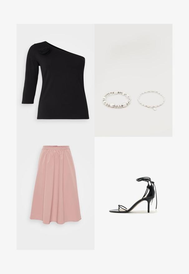 Μαύρη, off-shoulder μπλούζα με τρία τέταρτα μανίκια, που διαθέτει μια διακοσμητική ροδέλα από ύφασμα στον αριστερό ώμο, κατασκευασμένη από απαλή, ελαστική ύλη.; Ροζ, φούστα μέχρι το γόνατο φτιαγμένη από λείο ύφασμα, με gathered waistband και πλισέ σχέδιο. Λεπτή, χωρίς πρόσθετα υλικά ή μοτίβα.; Μαύρο σανδάλι με ψηλό τακούνι, λεπτά λουράκια, δέσιμο στο αστράγαλο και μεσαίου ύψους τακούνι στιλέτο σε λευκό φόντο.; Δύο βραχιόλια από ασημί χάντρες σε λευκό φόντο· το ένα με άνισες χάντρες και το άλλο με ομοιόμορφες χάντρες και ένα μικρό μενταγιόν σε σχήμα σταγόνας.