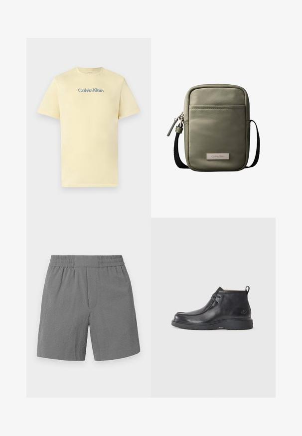 T-shirt en coton jaune clair avec un col rond, des manches courtes et un logo "Calvin Klein" multicolore subtil sur la poitrine.; Shorts gris avec une taille élastique, en tissu texturé et à coupe droite. Dispose de deux poches latérales et d'un motif subtil.; Bottes noires en cuir à talon arrondi, avec un design à lacets et une languette à l'arrière. Tige texturée et semelle en caoutchouc.; Sac bandoulière compact vert olive avec poche avant, sangle noire réglable, fermeture zippée et plaque logo Calvin Klein.