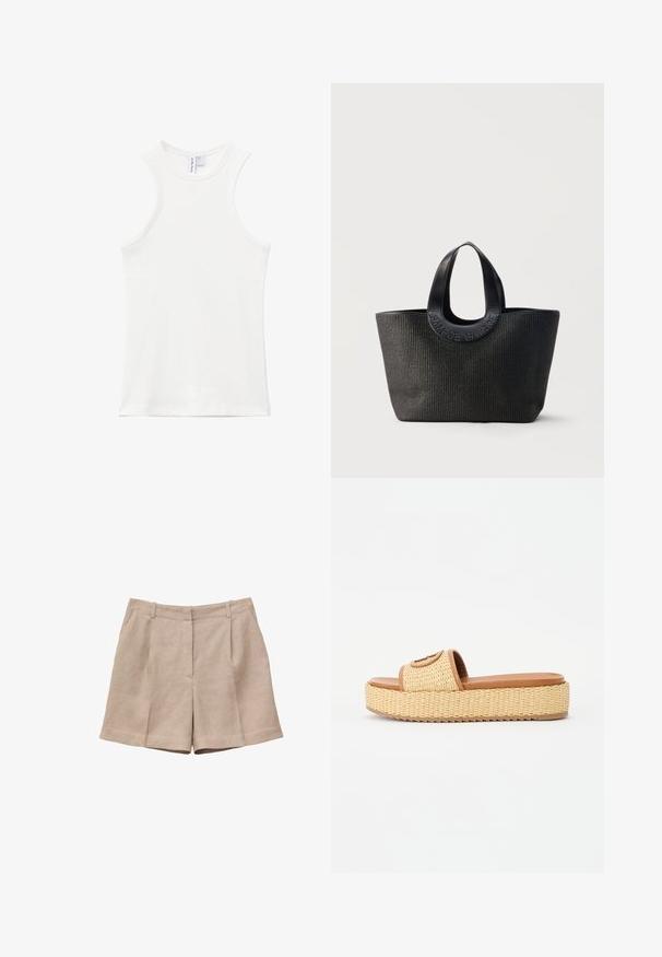 Wit mouwloos geribbeld tanktopje met hoge halslijn en smalle schouderbandjes, plat gelegd op een witte achtergrond.; Beige linnen shorts met een hoge taille, riemlussen, voorplooien, zijzakken en een ritssluiting aan de voorkant.; Geweven stro slide sandalen met een tan kleurige faux leren band en een platformzool, voorzien van een textuur en een cirkelvormig accentdetail.; Zwarte getextureerde tote bag met brede afgeronde handvatten met het geperste merknaam "Samsøe Samsøe" op een neutrale achtergrond.