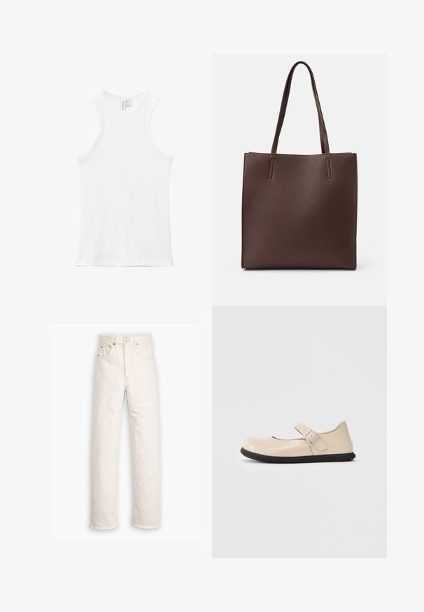 Débardeur blanc côtelé sans manches avec un col montant et des fines bretelles, posé à plat sur fond blanc.; Jeans en denim blanc avec un design à jambe droite, style cinq poches et accents en métal cuivré. Finition effilochée au niveau des chevilles.; Chaussure Mary Jane beige avec un bout arrondi, une sangle ajustable et une semelle en caoutchouc noir. Fini lisse et brillant avec un design minimaliste.; Sac à main en cuir marron avec deux longues anses, présentant une forme rectangulaire, une texture lisse et un design minimaliste sans matériel supplémentaire.