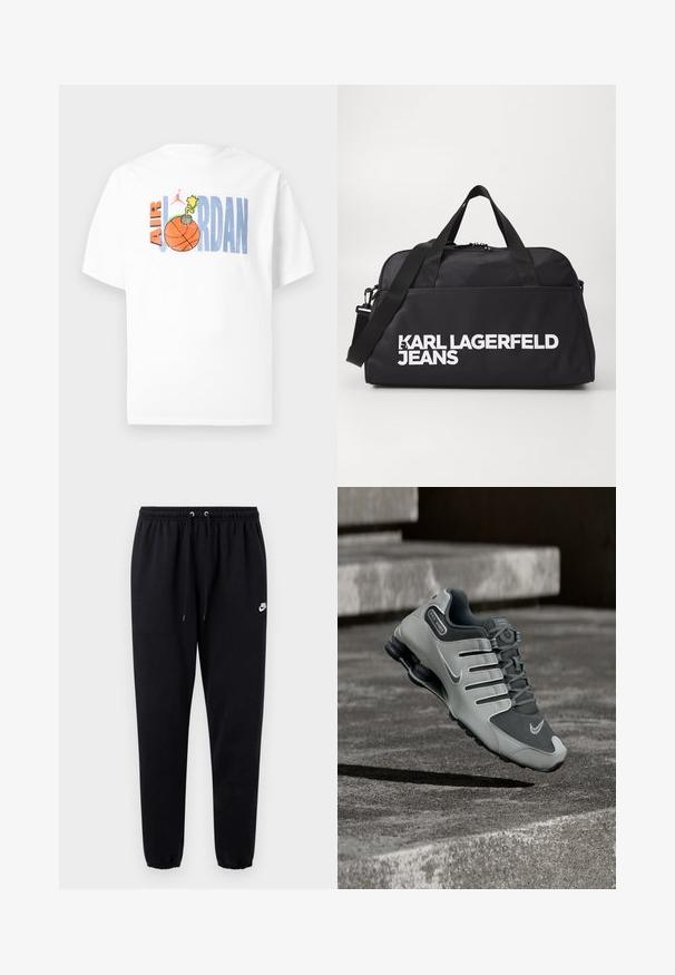 T-shirt en coton blanc avec un design graphique coloré comprenant "Air Jordan", un ballon de basket et un détail explosif cartoon.; Pantalon de survêtement noir en tissu doux, avec une taille élastique à cordon de serrage, des jambes fuselées, et un petit logo blanc sur le côté gauche.; Chaussure de sport Nike Shox gris et noir flottant au-dessus d'une surface en béton texturée avec des ombres en dessous.; Sac de sport noir en tissu lisse, doté d'une fermeture éclair et de poignées de transport doubles. Le devant affiche "KARL LAGERFELD JEANS" en grandes lettres blanches.