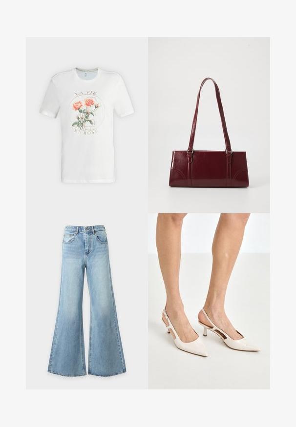T-shirt blanc à manches courtes avec un col rond présentant un graphique de deux roses roses et des feuilles vertes encadrées par un cercle et le texte "La Vie en Rose."; Jean bleu clair à jambes larges en denim avec fermeture à bouton et fermeture éclair à l'avant, passants de ceinture et poches avant, présenté sur un fond uni.; Escarpins à talon slingback en cuir verni beige avec un bout pointu et un talon de 5 cm, présentant des côtés découpés et une fine bride à la cheville.; Sac à main bordeaux en matériau brillant, de forme rectangulaire, avec deux anses et des accents légèrement courbés à l'avant.