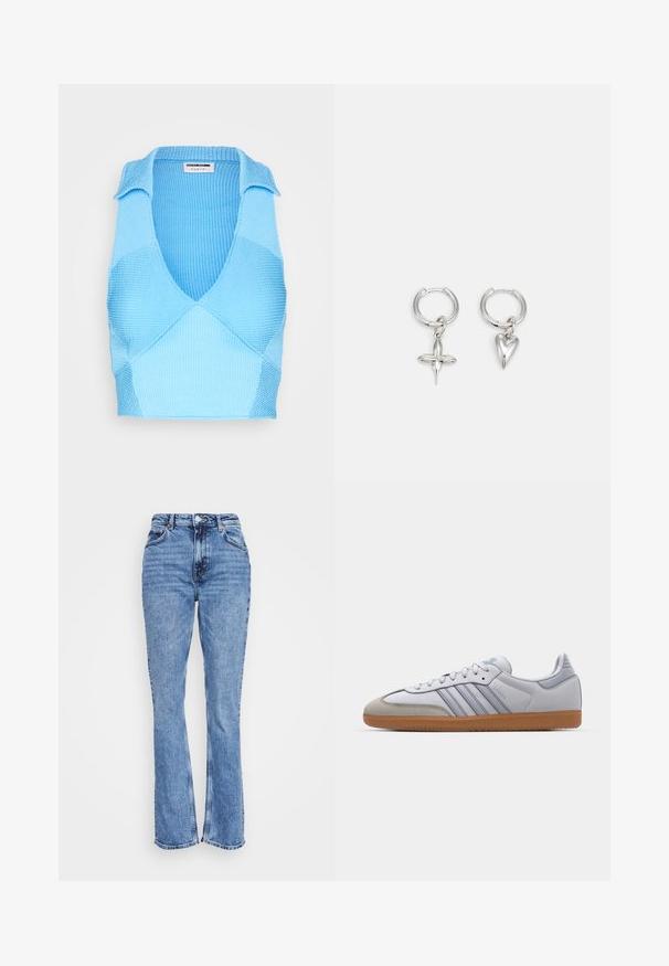 Noisy May NMSELMA HALTERNECK - Top - bonnie blue; Weekday SMOOTH HIGH - Slimfit džínsy - winter blue; Biele kožené tenisky s svetlomodrými akcentmi, sivým semišovým špičkou a hnedou gumovou podrážkou. Obsahujú tri modré pruhy a branding "Samba".; Strieborné kruhové náušnice s príveskom v tvare kríža a srdca. Hladký, lesklý povrch s lešteným dokončením. Každý prívesok visí na bezpečnej slučke.