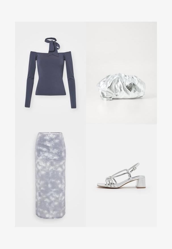 Mørkeblå off-shoulder top med lange ærmer og en bundet sløjfe ved udskæringen. Fremstillet af glat stof med en tætsiddende silhuet.; Grå midi-nederdel lavet af ribbet stof med et sky mønster og pailletter. Den har en tætsiddende pasform og en glat kant.; Sølvsandaler med hæl, strappy design og en knude detalje foran. Har en blokhæl og en justerbar ankelrem.; Metallisk sølv clutch taske med en blød, samlet krop og en tynd skulderrem. Har en glat, skinnende overflade og rund form.