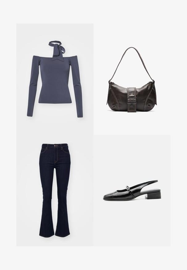 Mørkeblå off-shoulder top med lange ærmer og en bundet sløjfe ved udskæringen. Fremstillet af glat stof med en tætsiddende silhuet.; Mørkeblå, vide jeans lavet af denim, med høj talje, fem-lomme design og kontrasterende orange syninger langs sømmene.; Sort laklæderslingback-sko med lav blokhæl og tynd rem med sølvspænde over toppen.; Brun læder skuldertaske med en buet form, der har et fremtrædende spænde, kontrasterende syninger og en enkelt skulderrem.