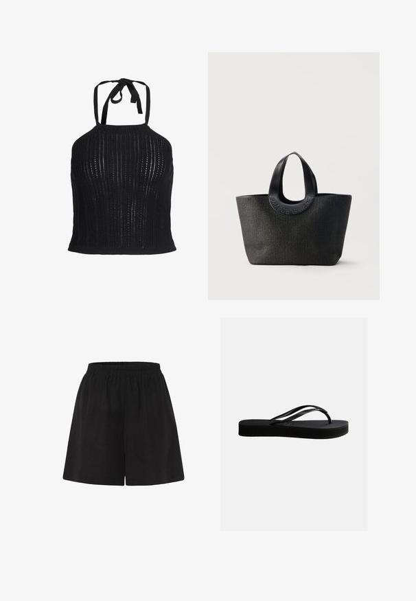 Zwarte gebreide halternek crop top met verticaal opengebreid patroon en striksluiting bij de nek.; Zwarte katoenen shorts met een elastische tailleband, met een losse pasvorm en een rechte pijpdesign. Soepele textuur, zonder extra patronen of accenten.; Zwarte rubberen teenslipper met gestructureerd zool en Y-vormige band, zijaanzicht op een effen lichte achtergrond.; Zwarte getextureerde tote bag met brede afgeronde handvatten met het geperste merknaam "Samsøe Samsøe" op een neutrale achtergrond.