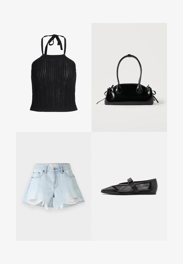 Μαύρο πλεκτό crop top με halter neck, κάθετο ανοιχτό πλεκτό μοτίβο και δέσιμο στον λαιμό.; Ανοιχτό μπλε τζιν κομμένα σορτσάκια με τριμμένο στρίφωμα, βελούδινες άκρες και κλασσικό σχέδιο πέντε τσεπών. Διαθέτουν μεταλλικό κουμπί και κλείσιμο με φερμουάρ.; Μαύρο επίπεδο παπούτσι με μυτερή μύτη, πλάγιες πάνελ από δίχτυ και λουράκι με λεπτομέρεια από αγκράφα. Λείος φινίρισμα στη μύτη και τις φτέρνες.; Μικρή μαύρη γυαλιστερή τσάντα με δύο μακριές λαβές και λεπτομέρειες με ρυθμιζόμενο κορδόνι στο πλάι σε απλό ανοιχτό φόντο.
