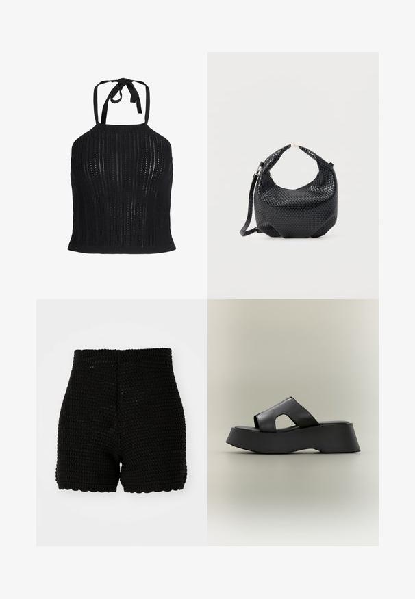Top corto negro de punto con cuello halter, patrón de punto abierto vertical y cierre con lazo en el cuello.; Shorts de ganchillo negro con textura acanalada, cintura alta y dobladillo con puntilla. Diseñados para una silueta ajustada y material transpirable.; Sandalia negra de plataforma tipo slide con suela gruesa y amplia correa de cuero que presenta un detalle recortado sobre un fondo neutro.; Bolso de mano de cuero negro trenzado con asa corta y correa de hombro desmontable, exhibido sobre un fondo claro y liso.