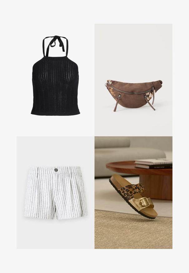 Sort strikket crop top med halterneck, vertikalt åbent strikkemønster og bindelukning ved halsen.; Stribede shorts i lys grå og hvid, med knappelukning, plissee foran og et blødt, tekstureret stof.; Slip-in sandal med to justerbare spænder, én med leopardprint og én i metallisk guld, hvilende på et beige tæppe nær et træbord.; Brun ruskind og canvas bæltetaske med dyreprintdetaljer, tre lynlåslommer og justerbar rem på ensfarvet baggrund.