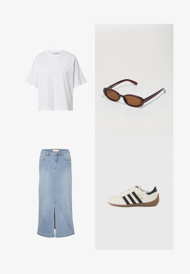 Weißes, kurzärmeliges T-Shirt aus Baumwolle mit Rundhalsausschnitt und lockerer Passform, mit einer glatten Textur und ohne sichtbare Muster oder Akzente.; Hellblaues Denim-Midirock mit einem Schlitz vorne, geradem Schnitt, klassischem Fünf-Taschen-Design und einem verwaschenen Finish. Mit weißem Markenlabel.; Weißer Adidas-Sneaker mit schwarzen Streifen, brauner strukturierter Sohle und goldener Aufschrift "SPEZIAL" an der Seite, von der Außenseite betrachtet.; Runde, braun getönte Sonnenbrillen mit einem glänzenden burgunderfarbenen Rahmen. Schlanke Bügel mit dezentem Branding. Flaches Linsendesign.