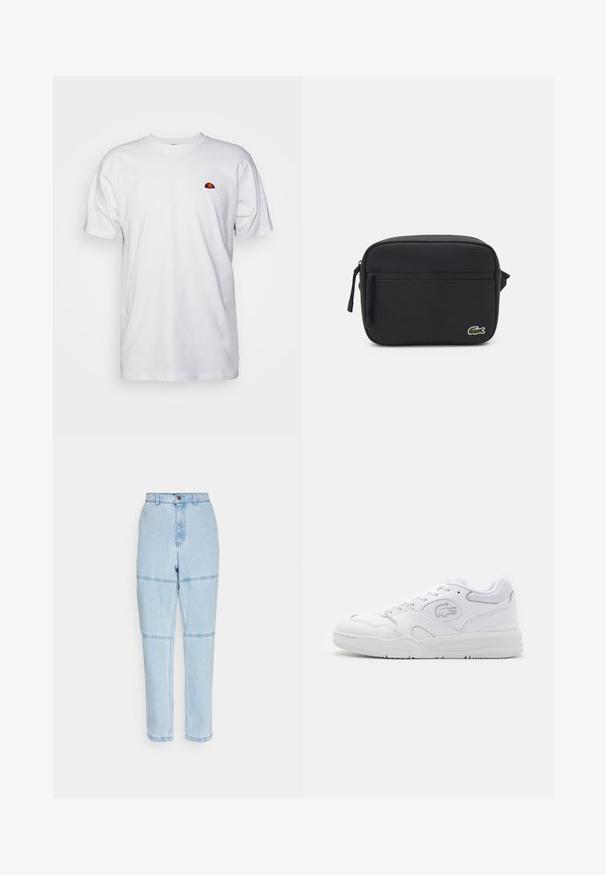 Weißes Baumwoll-T-Shirt mit einem kleinen, gestickten, mehrfarbigen Logo auf der linken Brustseite, klassischem Rundhalsausschnitt und kurzen Ärmeln.; Helle blaue Jeans mit hoher Taille, geraden Beinen und horizontalen Nahtakzenten über den Knien. Mit vorderem Knopfverschluss und Taschen.; Weiße Sportsneaker mit einem glatten Lederobermaterial, Mesh-Akzenten, Schnürverschluss und einer strukturierten Gummisohle. Lacoste-Logo an der Seite.; Schwarze Nylon-Crossbody-Tasche mit glatter Textur, rechteckiger Form, vorderer Reißverschlusstasche und gesticktem Logoakzent.