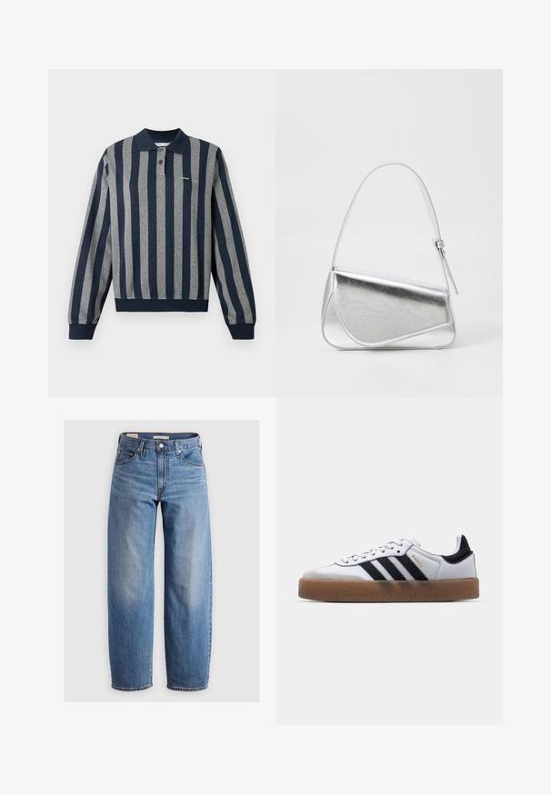 Langärmeliges Poloshirt mit dunkelblauen und grauen vertikalen Streifen, ausgestattet mit Kragen, Knopfleiste sowie geripptem Saum und Bündchen.; Helleblaue, gerade geschnittene Jeans aus Denim. Merkmale ein klassisches Fünf-Taschen-Design und dezente Ausbleichungen entlang der Beine.; Weiße Leder Sneakers mit schwarzen Streifen, Gummigummi-Außensohle, runder Zehenform, Schnürverschluss und weichem grauem Wildleder-Zehenkappe.; Silberfarbene metallische Handtasche mit dreieckiger Form, glatter Textur und einem dünnen, verstellbaren Schultergurt. Sie verfügt über ein umklappbares Design mit Nähten.