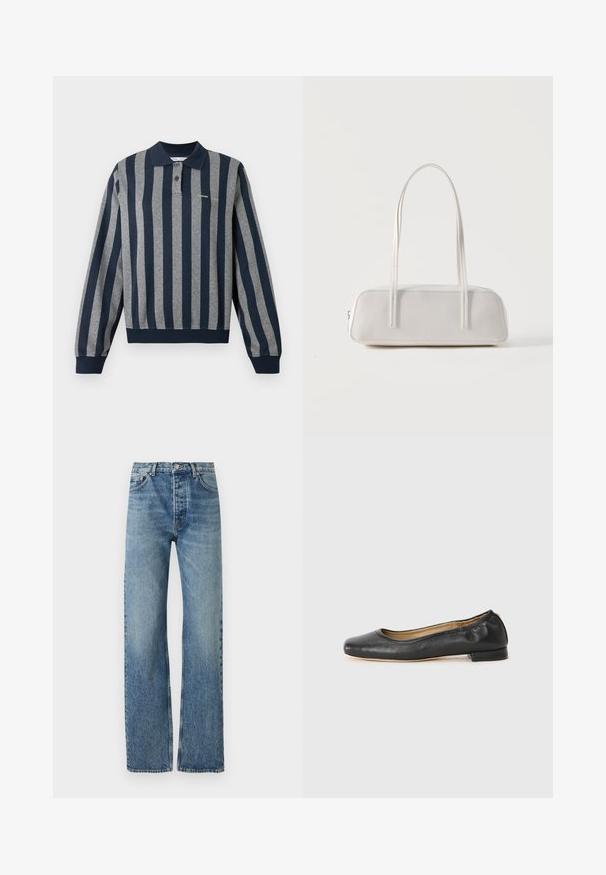Polo à manches longues avec rayures verticales bleu marine et grises, doté d'un col, d'une patte de boutonnage et d'un ourlet et poignets côtelés.; Jean bleu clair taille haute avec un design à jambe droite, en tissu denim. Caractéristiques classiques avec cinq poches et quincaillerie en argent.; Ballerines en cuir noir avec un bout arrondi et des coutures minimales. Talon bas et rectangulaire avec une texture lisse. Détails subtils de doublure intérieure.; Sac d'épaule rectangulaire blanc avec des bretelles longues et fines, couture minimale, et fermeture éclair sur un fond uni.