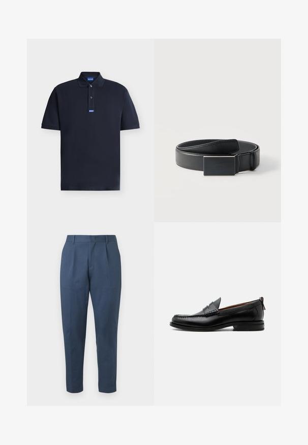 Polo bleu marine à manches courtes avec un col, deux boutons et des étiquettes avec le logo Hugo sur le col et la patte de boutonnage.; Pantalon sur mesure bleu marine avec un devant plat, des plis et une jambe fuselée. Confectionné en tissu texturé avec une finition lisse. Pas de poches visibles.; Mocassin homme en cuir noir avec couture moc toe, bride penny, col texturé et petit talon empilé sur fond blanc.; Ceinture en cuir noir enroulée avec une boucle noire mate rectangulaire et un logo embossé discret sur fond blanc.