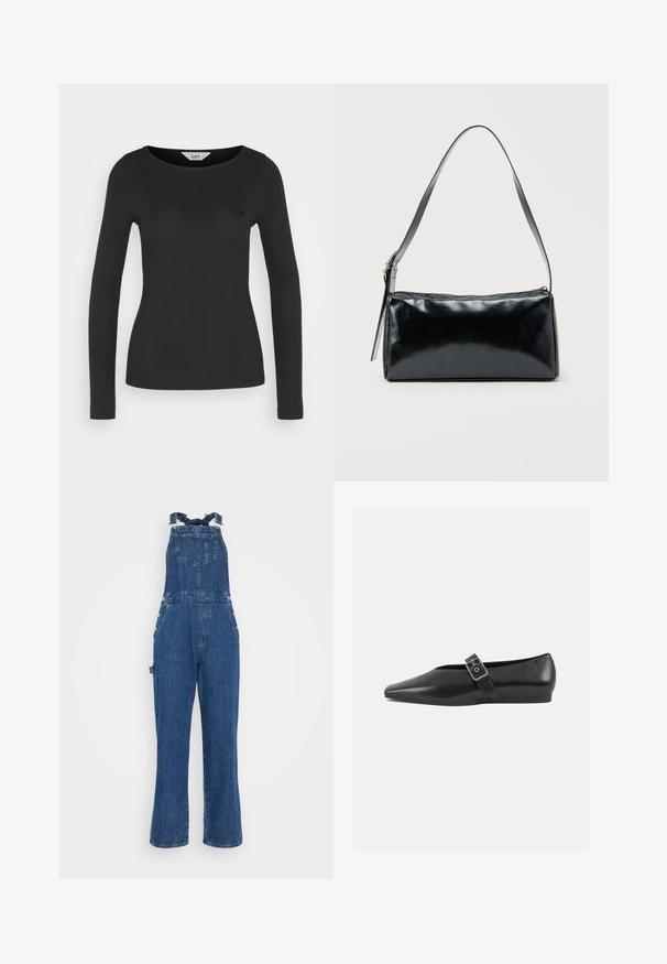 Haut noir ajusté à manches longues avec une texture côtelée et un large col rond, présentant un petit logo sur la poitrine.; Salopette en denim avec bretelles réglables, poche avant et détails de boutons sur les côtés. Couleur bleu foncé et design à jambe droite avec une texture délavée.; Chaussure plate en cuir noir avec un orteil pointu, présentant une sangle à boucle métallique sur le cou-de-pied et une semelle basse et flexible.; Sac d'épaule rectangulaire noir avec une sangle réglable unique et une fermeture éclair supérieure sur un fond uni.