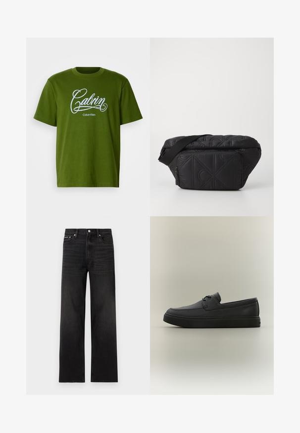 T-shirt vert à manches courtes avec le script blanc "Calvin" et le texte "Calvin Klein" centré à l'avant sur un fond uni.; Jean noir droit avec cinq poches, passants pour ceinture et fermeture par bouton, présenté sur un fond blanc.; Mocassin décontracté en cuir noir avec des détails de laçage et une semelle en caoutchouc épaisse, présenté de profil sur un fond neutre.; Sac à épaule noir matelassé avec une poche avant zippée, une bandoulière réglable et un motif géométrique cousu dans le tissu.