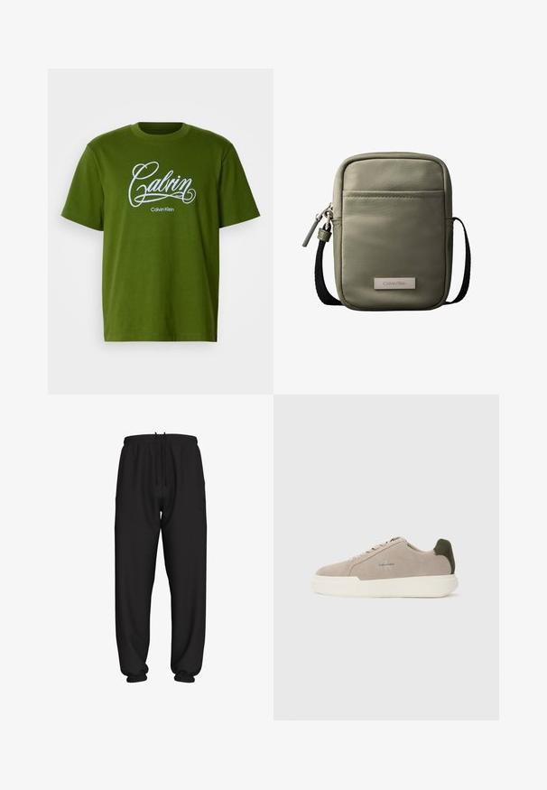 Camiseta verde de manga corta con el texto en blanco "Calvin" y "Calvin Klein" centrado en el frontal sobre un fondo liso.; Pantalones deportivos negros de corte holgado con cintura y puños elásticos, con cordón ajustable en la cintura.; Zapatillas de piel de ante beige con suela de goma blanca, que presentan un acento en el talón de color verde oscuro y un sutil logo en el lateral.; Bolso bandolera compacto verde oliva con bolsillo frontal, correa negra ajustable, cierre de cremallera y placa con el logo de Calvin Klein.