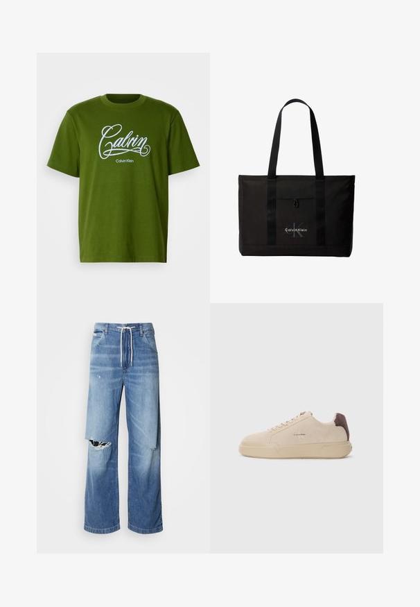 Roheline lühikeste varrukatega T-särk, mille ees keskosas on valge "Calvin" kirjatüüp ja "Calvin Klein" tekst, kõik lihtsa tausta taustal.; Hele sinise denimist püksid laia lõikega, millel on valgest nöörist vöö ja eristuvad rebenemised ees, paljastades hargnevad servad.; Beige nabukist kingad ümmarguse nina, paeltega esiosas ja pruuni nabukist aktsendiga kanna osas. Omab tekstuuriga kummist tallat.; Must Calvin Kleini kandekott kahe pika sangaga ja esikotiga, brändi valge ja halli logoga.