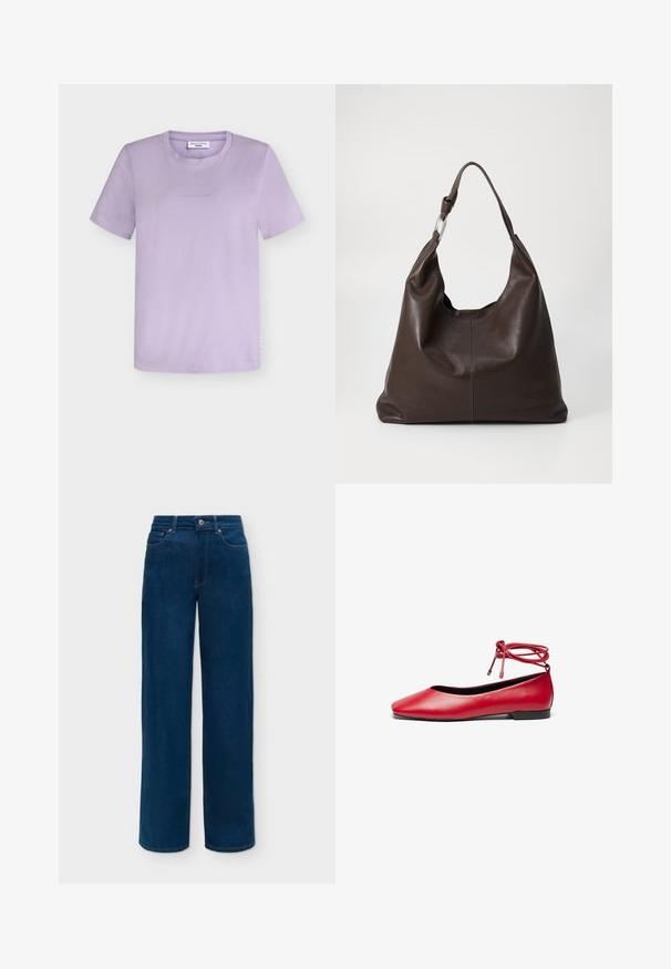 T-shirt lilas à manches courtes avec col rond, logo subtil sur le devant et petite étiquette blanche sur le côté, sur fond blanc uni.; Jean denim bleu foncé à coupe droite avec poches avant, passants de ceinture et fermeture par bouton à la taille.; Ballerine en cuir rouge avec un bout carré et un détail de lien autour de la cheville. Texture lisse et petit talon noir.; Zign by Zalando LEATHER - Cabas - chocolate brown