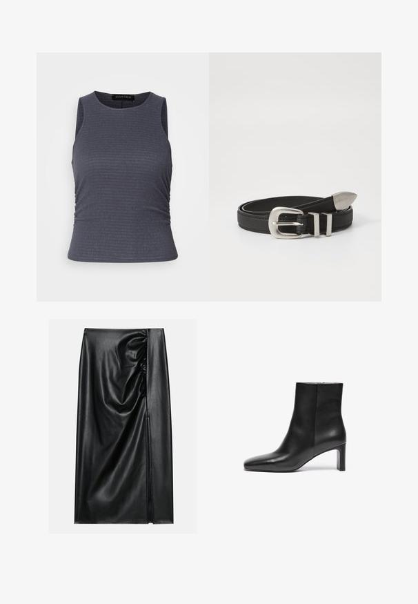 Haut sans manches gris foncé en tissu texturé, avec un col rond et des détails froncés sur les côtés pour un look ajusté.; Jupe en cuir noir avec une texture lisse, présentant une section froncée sur un côté et une fente sur le côté pour un détail supplémentaire.; Bottine en cuir noir avec un bout pointu, un talon effilé et une texture lisse ; elle dispose d'une fermeture éclair sur le côté.; Ceinture en cuir noir avec une boucle en métal argenté et des accents à double boucle, présentant une finition texturée et une extrémité effilée pour un ajustement sécuritaire.